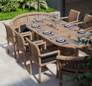 Ensemble de table à manger ovale en teck massif pour l'extérieur, 8 places avec fauteuils, finition naturelle, meubles de jardin de luxe pour villa - Product Image 3