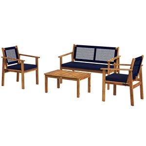 Set 4 mobili da giardino in legno di Acacia blu con cuscini e tavolino a doghe per cortile - Product Image 1