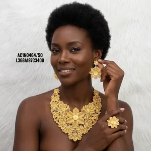 Parure de bijoux tendance et élégante pour femme : Collier long 18 pouces avec pendentif boîte à fleurs, boucles d'oreilles et bagues en laiton plaqué or 18 carats - Product Image 3