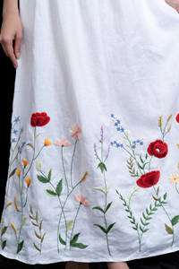 Hand-Embroidered White Linen Maxi Dress Square Neckline <b>Three</b>-Quarter Sleeves Artisanal Floral Crewel Work Gown - Product Image 6