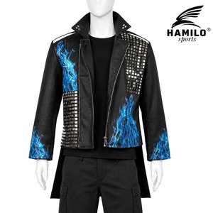เสื้อแจ็คเก็ตมอเตอร์ไซค์ผู้หญิง HAMILO ลายพิมพ์เปลวไฟสีน้ำเงิน ประดับหมุด หนัง PU สำหรับขี่มอเตอร์ไซค์ - Product Image 1