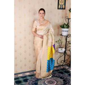 ผ้าไหมนุ่มแบบบาแนรัส พร้อมผ้าคลุมไหล่หลากสีครีม ทอแบบซารี  สำหรับเสื้อผ้าอินเดียและปากีสถาน - Product Image 6