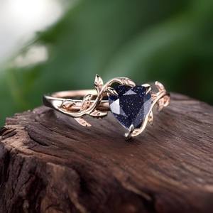 Bague de fiançailles en pierre de sable bleue en forme de cœur, feuille de fleur, plaqué or rose 925, bague de mariage solitaire vintage - Product Image 5