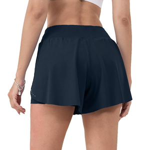 Shorts de sport pour femmes en tricot bleu marine à taille haute, séchage rapide, taille élastique, coupe régulière, couleur unie - Product Image 5