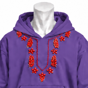 Violet <b>Purple</b> Indus Embroidered <b>Hoodie</b> Decorative Floral Needlework Kangaroo Pocket Relaxed Fit Casual Winter Streetwear - Product Image 3