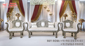 Elegante sofá real marroquí en oro blanco para bodas tallado Sangeet de la novia y el novio Setup decoraciones de boda - Product Image 6