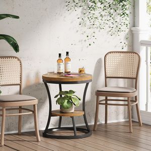 Table d'appoint ronde à 2 niveaux en bois d'acacia massif avec structure en métal noir pour salon, chambre, hôtel, meubles de maison - Product Image 2