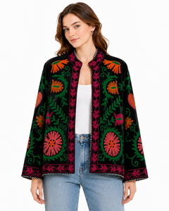 Women Velvet Embroidered <b>Jacket</b> Mandarin Collar Lantern Sleeve Floral Boho Style Autumn Coat Handmade Suzani <b>Pattern</b> - Product Image 1