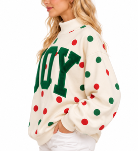 Sweat-shirt oversize à col montant pour femme, crème à pois, avec appliqué lettres « Green Joy », pull de Noël - Product Image 2