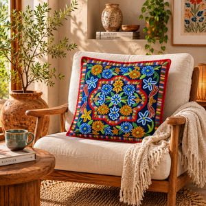 Colorful Floral Design Kashmiri Cotton Cushion <b>Cover</b> 16" Aari Hand Embroidery Pillow <b>Cover</b> Eco Friendly Sustainable Zip Closure - Product Image 4