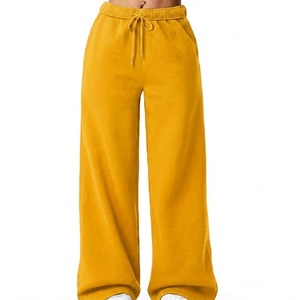 Pantalon de détente femme couleur moutarde à jambe large, taille haute avec cordon de serrage, silhouette décontractée, confortable, personnalisable OEM - Grande Vente - Product Image 1