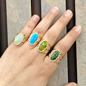 Anillo de fiesta chapado en oro de 18 quilates con piedra ovalada lisa de jade peridoto y banda abierta múltiple, elegante anillo de joyería para regalo. - Product Image 4