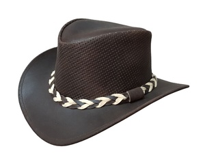 Chapeau de cowboy en cuir marron respirant et perforé, avec bande tressée bicolore, style western, pour l'été, l'équitation et le ranch - Product Image 1