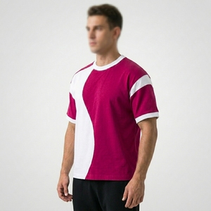 T-shirt décontracté pour homme à manches courtes, col rond, tricoté, coupe classique, respirant, design uni blanc et magenta, color-block - Product Image 5