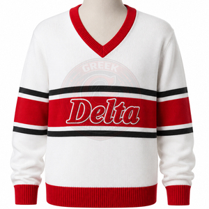 Pulls pour femmes de la sororité Delta DST, col en V, tricotés en acrylique, broderie grecque, lettres en chenille, université, noir, varsity - Product Image 4