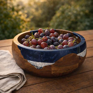 Tazón Redondo Decorativo de Madera de Acacia con Resina Epoxi Azul-Blanca, Color Marrón Natural, Hecho a Mano, para Servir Ensaladas, Decoración para Fiestas y Hogar - Product Image 4