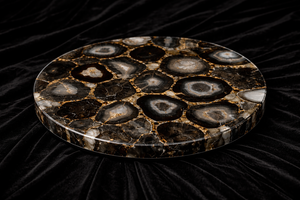 Mesa de Centro Redonda Moderna y Ecológica de Ágata Negra Natural con Incrustaciones Doradas, Decoración de Lujo para el Hogar, Regalo de Diwali - Product Image 2