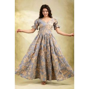 Vestido Largo de Algodón Estampado con Cintura Natural y Mangas Abullonadas Ecológico para Mujer, Elegante Atuendo Floral de Verano - Product Image 5