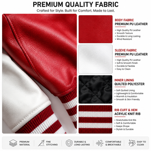 Custom Red <b>White</b> Varsity Letterman <b>Jacket</b> for <b>Men</b> and Women with PU Leather Sleeves Chenille Embroidery Patches Rib Knit Collar - Product Image 5
