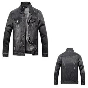Men's Black <b>Denim</b> Jacket Stand Collar Casual Autumn Wear Single Breasted Button Closure Slim Fit Washed Cotton <b>Material</b> - Product Image 3