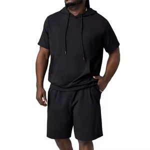Ensemble 2 pièces décontracté d'été pour homme : T-shirt à capuche uni et short respirant en polyester et coton non tissé sans coutures - Product Image 5
