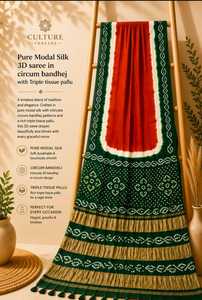 Culture Threads Pure Modal Silk 3D <b>Saree</b> With Bandhej And Triple Tissue Pallu <b>Red</b> Green White - Product Image 3