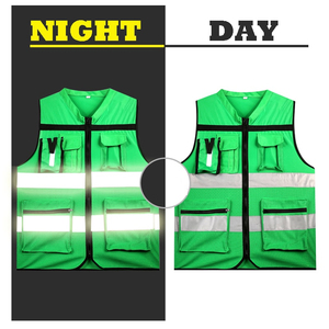 เสื้อกั๊กนิรภัยสีเขียวสะท้อนแสงพร้อมแถบสะท้อนแสงและกระเป๋าหลายช่องสำหรับใส่ทำงาน - Product Image 4