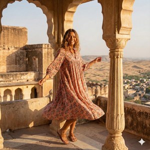 Robe midi élégante bohème multicolore à fleurs, en coton fait main, avec col en V et imprimé ethnique, robe d'été décontractée - Product Image 3