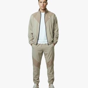 Men's Beige Color Blocking <b>Tracksuit</b> Set Full Zipper Crew Neck Casual Summer Wear Regular Fit 100% Polyester Breathable - Product Image 1