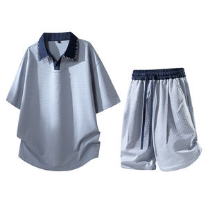 Conjunto de Dos Piezas para Hombre, 100% Algodón, Diseño Color Block, Estilo Casual de Verano, Camisa de Manga Corta con Cuello Solapa y Abertura Media, y Camiseta - Product Image 1