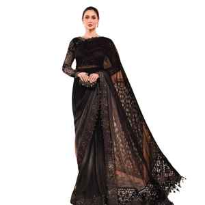 Sari de Organza con Bordado Elaborado y Diseño de Bordes Elegantes para Fiestas y Eventos Tradicionales - Product Image 1