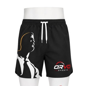 ORVO Men's Heat-Transfer Printed Elastic Waist Sport <b>Shorts</b> Quick Dry Drawstring Mid Waist <b>Black</b> Polyester <b>Beach</b> Style 180g - Product Image 1