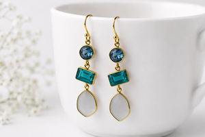 Boucles d'oreilles pendantes géométriques longues en quartz bleu, apatite, pierre de lune blanche, plaqué or 18 carats, argent sterling, cadeau de mariage, anniversaire - Product Image 5