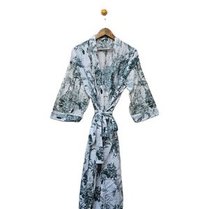 Kimono léger en coton biologique écologique pour femmes, bloc de main imprimé, vêtements d'été, décoration perlée, taille naturelle douce - Product Image 2