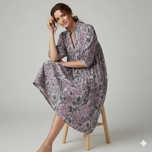 Robe midi bohème en coton à imprimé floral pour femmes, avec manches bouffantes, coupe ample, col en V, robe d'été décontractée - Product Image 2