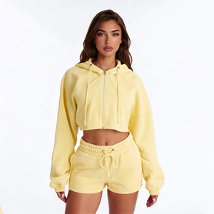 Conjunto de Sudadera Corta para Mujer, Color Sólido, Forro Polar, Cierre de Cremallera, Cordón Ajustable, Estilo Casual Otoñal, Hombros Caídos, Manga Larga - Product Image 1