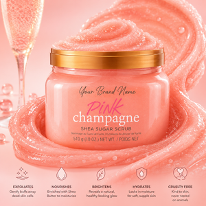 Gommage corporel au champagne rose avec beurre de karité et cristaux de sucre, marque privée, vente en gros, exfoliant doux et nourrissant pour la peau - Product Image 1