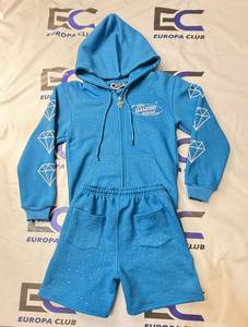 Street Style Custom Embroidery Logo Distressed Embroidery on Back Shorts <b>Set</b> Cotton Fleece Rhinestone 2 Piece <b>Set</b> - Product Image 1