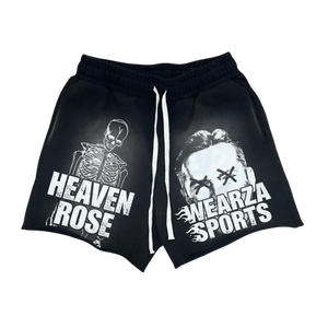 Shorts streetwear pour homme en molleton de coton à imprimé graphique squelette, noir délavé, taille élastique avec cordon de serrage - Product Image 1