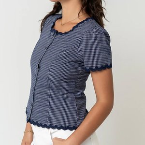 Camisa de manga corta ajustada con cuello redondo y ribete de encaje para mujer, estilo vintage, primavera y verano - Product Image 6
