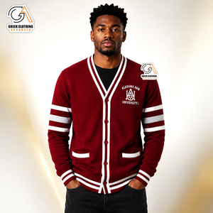 Custom Embroidery Breathable Quick Dry Men's Alabama A&M |AAMU University <b>Cardigan</b> PEARLED IVORY <b>Shawl</b> <b>Collar</b> V-Neck Maroon - Product Image 1