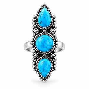 Bague américaine Kingman Mohave Turquoise Fleur, style Western Boho, faite à la main, avec 2 pierres rondes et 1 pierre principale, bijou fantaisie en pierres précieuses - Product Image 6