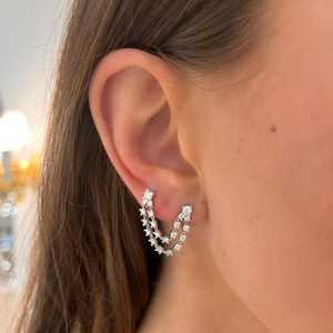 Boucles d'oreilles à double perçage avec diamants de laboratoire, deux rangées de clous ronds, chaîne pendante multi-lobes, en or 14K 18K, Fabricant - Product Image 2