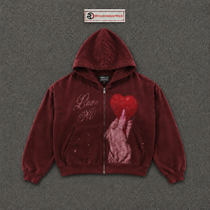 Sudadera con capucha y cremallera roja lavada estilo vintage con estampado de corazón y texto de amor, bolsillo frontal, estilo casual moderno. - Product Image 5