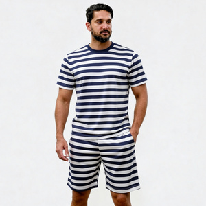 Men's Striped Cotton T-Shirt And Shorts <b>Set</b> Casual Summer Outfit Breathable <b>Knitted</b> Wear - Product Image 1