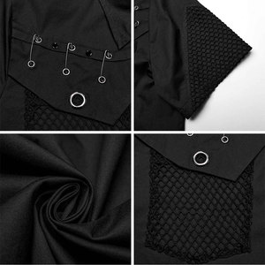 <b>Men's</b> Gothic Black Short Sleeve Shirt Top with Mesh Spliced Pockets, Buttons, and Safety Pin Rivets Decoration - Product Image 5