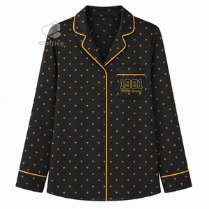 NCBW Sorority Women's <b>Black</b> Heart Print <b>Pajama</b> <b>Set</b> Button Front Long Sleeve Notched Collar Soft Contrast Piping Lounge PJs - Product Image 2