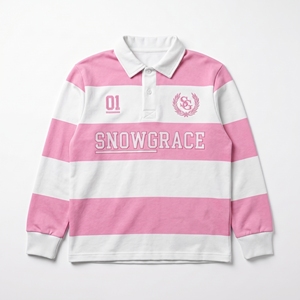 เสื้อรักบี้แขนสั้นลายทางระบายอากาศได้ดี ยี่ห้อ Snowgrace ปักโลโก้ คอวี ทรงหลวม สวมใส่สบายสำหรับเด็กผู้ชาย - Product Image 1