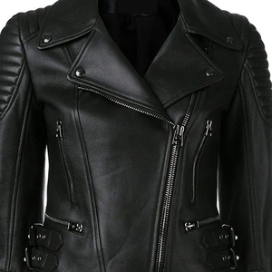 Chaqueta de Motociclista de Cuero Genuino Negro para Mujer, Manga Larga, Cierre de Cremallera, Color Sólido, Estilo Otoñal, Material de Piel de Vaca - Product Image 6