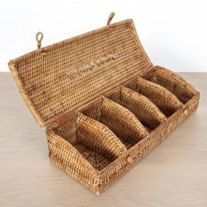 Tea bag storage <b>basket</b> handmade rattan caddy box cheap price gift packaging sectioned <b>lid</b> boxes - Product Image 1